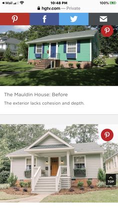 the before and after shots of a house with blue siding, white trim and green shutters