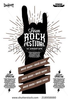 rock festival poster design with hand making the peace sign and ribbon on white background, eps art