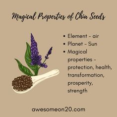 a spoon with some flowers on it and the words magic properties of chia seeds