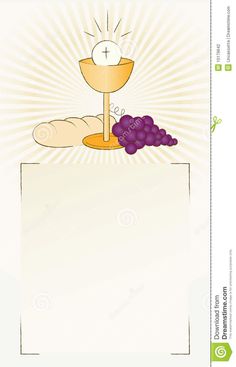 a cross, bread and grapes on top of a paper with an empty space for text