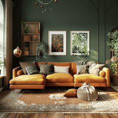 a living room with green walls and yellow couches in the corner, potted plants on the wall