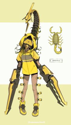 a drawing of a woman in yellow and black with scorpions on her arm, holding a