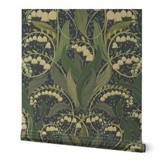 an art nouveau style wallpaper with lily of the valley flowers in green and gold