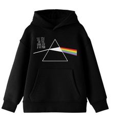 Rock out in style with this Pink Floyd sweatshirt. The hoodie features a beam of white light passing through a triangle and turning into a rainbow while two members of the band stand above the image. The sweatshirt comes in black with a double-lined hood and a large pouch pocket. Young rock music fans will love to celebrate Pink Floyd’s greatest hits with this cozy hoodie. Pink Floyd Outfit, Pink Floyd Songs, Moon Hoodie, Pink Floyd Band, Pink Floyd Fan, Pink Floyd Dark Side, Dark Side Of The Moon, Large Pouch, Cozy Hoodie