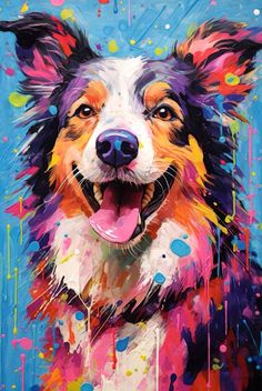 a painting of a dog with colorful paint splatters on it's face