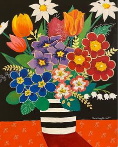 a painting of flowers in a striped vase