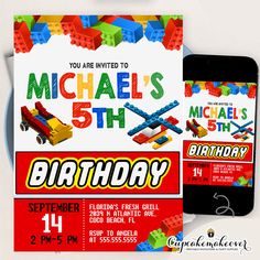 a birthday party with legos on it and an iphone next to the ticket for michael's 5th birthday