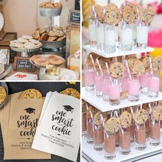 desserts, cookies and milk are on display at a graduation party or brunch