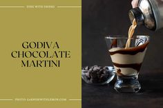 someone pouring chocolate into a small glass with coffee beans in it and the words godiva chocolate martini