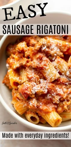 a bowl filled with pasta and sauce on top of a table