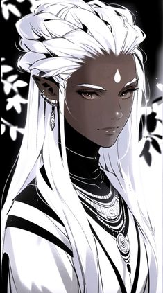 an anime character with long white hair and piercings on her head, wearing black and white