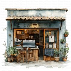 a watercolor painting of a coffee shop with potted plants on the outside wall