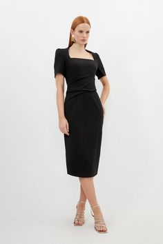 Structured Midi Dress For Evening, Elegant Spring Workwear Midi Dress, Chic Solid Color Midi Dress With Flattering Silhouette, Solid Color Midi Dress With Fitted Bodice For Evening, Chic Solid Midi Dress With Flattering Silhouette, Elegant Spring Midi Dress For Work, Chic Sheath Midi Dress For Office, Modern Midi Dress With Fitted Bodice For Party, Solid Color Evening Midi Dress With Fitted Bodice