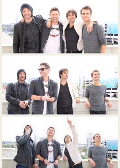 four different shots of men posing for the camera with their arms around each other and smiling