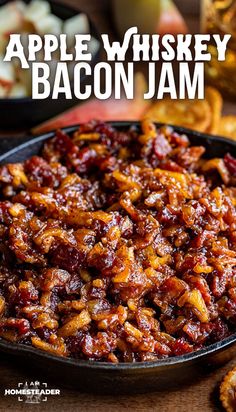 an apple whiskey bacon jam in a cast iron skillet