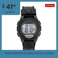 He'll never lose his way with this sporty outdoor Digital Expedition watch from Timex, featuring a compass on the band, handy stopwatch and an Indiglo nightlight that illuminates the dial at the push of a button.Clasp: BuckleWater Resistance: 100mCase Width: 41.79mmCase Thickness: 11.98mmBracelet Dimensions: 207.13mm long, 2.88mm wideModel No.: T40941Special Features: Compass, stopwatch, alarm, Indiglo nightlight feature and day/date display.Features: Stopwatch, Digital, Chronograph, Alarm, Mul… Compass Watch, Timex Expedition, Compass, Watch Strap, Chronograph, Water Resistant