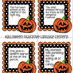 three halloween themed language centers with pumpkins and polka dot border around the edges,