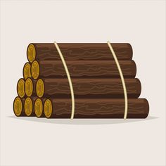 logs stacked on top of each other with gold coins in the middle and rope around them