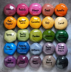 there are many different colors of candy on the table with words written in each one