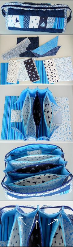 four different pictures of blue and white fabrics with black dots on them, one is folded over the other