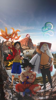 anime characters standing on top of a tree trunk in front of water and mountains with clouds