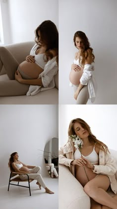 a pregnant woman sitting on a couch with flowers in her hand and posing for the camera