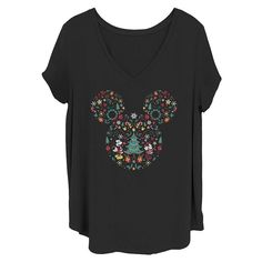 a women's black shirt with mickey mouse head and christmas trees on the front