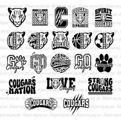 the logos for college football teams and their mascots are shown in black and white