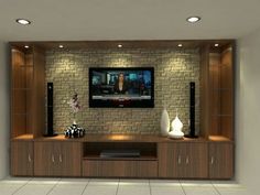 an entertainment center with speakers and a television