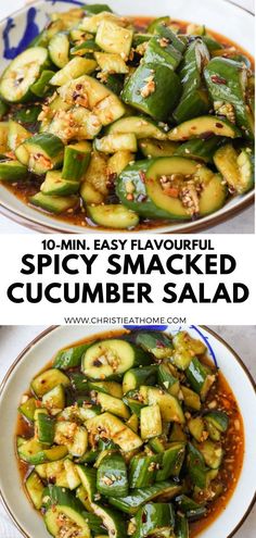 two plates filled with stir fried cucumber salad and the same plate full of cooked vegetables