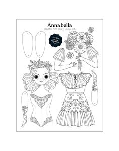 an adult sized paper doll with flowers on her head and dress, in black and white