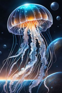 a jellyfish floating in the ocean with bubbles