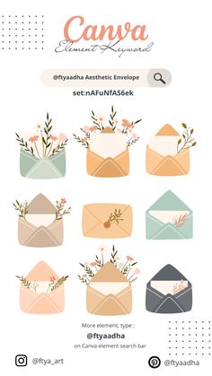 an envelope with flowers on it and the words canva written in different font styles