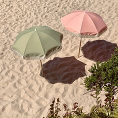 three umbrellas sitting on top of a sandy beach next to trees and bushes in the sand