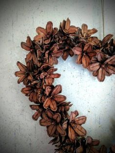 a wreath made out of pine cones hanging on a wall in the shape of a heart