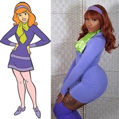 a woman in tights and heels standing next to a drawing of a cartoon character