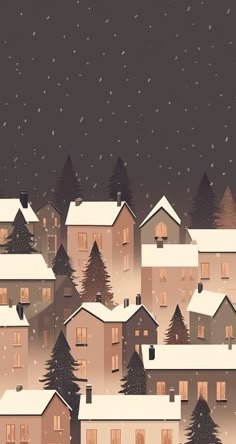 a snowy night with houses and trees in the foreground