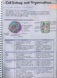 an open notebook with information about cell biology and organization