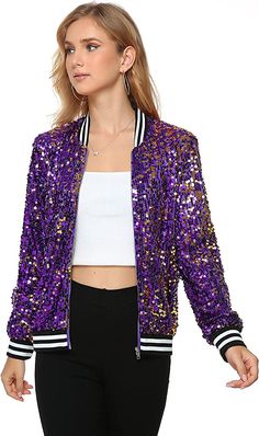 Amazon.com: Yutuwomsfushi Womens Long Sleeve Sequin Open Front Zipper Jacket with Ribbed Cuffs Sequin Bomber Jackets for Women Party Birthday Christmas (purple X-Large) : Clothing, Shoes & Jewelry Glitter Blazer, Womens Jackets Casual, Sequin Jacket, Long Sleeve Sequin, Casual Jackets, Casual Vest, Professional Outfits, Long Sleeves Jacket, Festival Outfit