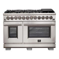 an oven with four burners and two doors on each side, in stainless steel