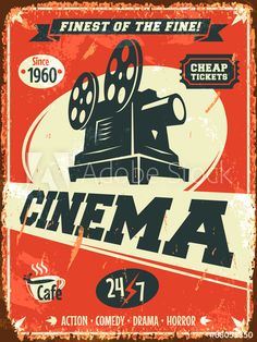 an old metal sign with the words cinema on it and a movie camera in front