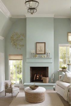 wall paint, fireplace room, Rainwashed, Westpear Interiors Rainwashed Sherwin Williams Living Room, Sw Rainwashed, Rainwashed Sherwin Williams, Beach House Decor Living Room, Best Wall Paint, Wall Paint Color, Light Oak Floors, Fireplace Room, Wall Colours