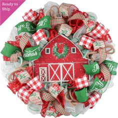 Winter Barn Christmas Mesh Wreath - Farmhouse Outdoor Front Door Decoration - Red Green White - Pink Door Wreaths Barn Christmas, Christmas Mesh Wreath, Slim Tree, Barn Signs, Farmhouse Outdoor, Purple Wreath, Christmas Topper, Metal Barn, Pink Door