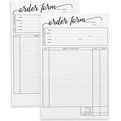 two order form sheets with the words order form written in cursive writing on them