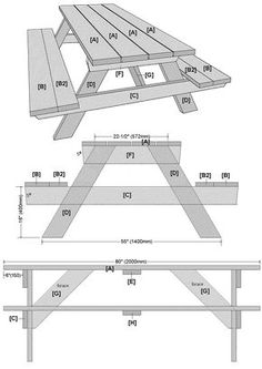 the plans for a picnic table are shown in black and white, with measurements on each side