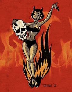 a drawing of a woman with a skull on her back and flames in the background