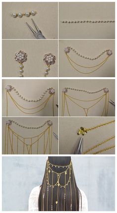 the instructions to make a beaded necklace with pearls and beads on it, as well as gold chains