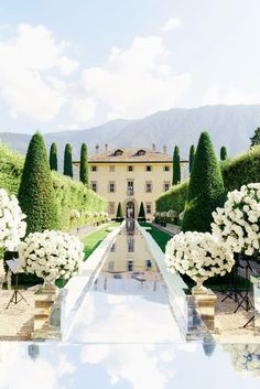 an outdoor wedding venue with white flowers and greenery