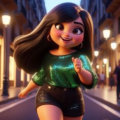 an animated character is walking down the street in short shorts and green sequins