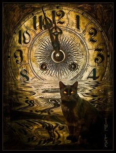 a black cat sitting in front of a clock